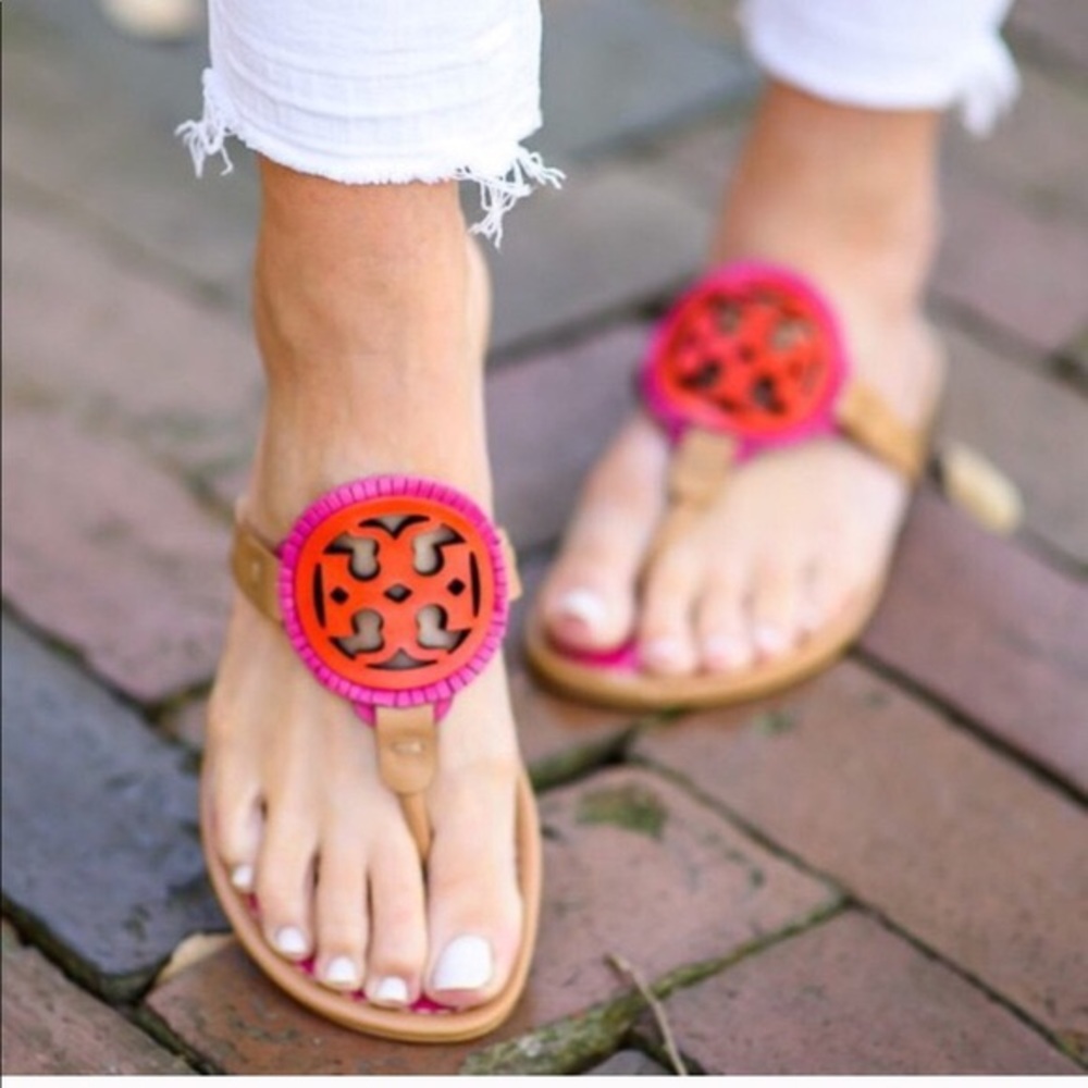Tory Burch Miller Sandals Pink Leather Fringe Logo